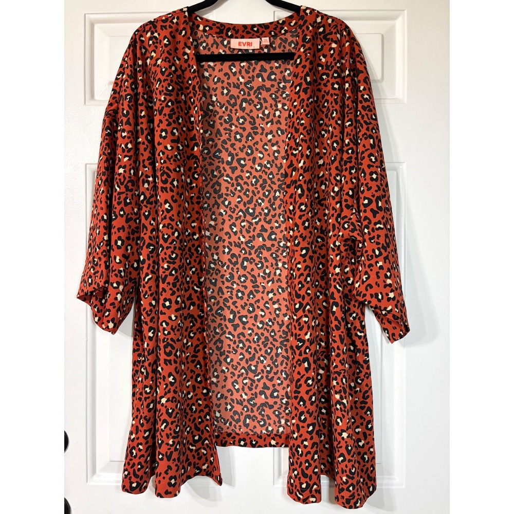 EVRI | Leopard Print Open Front Kimono Cardigan | 3X || Rust Orange|